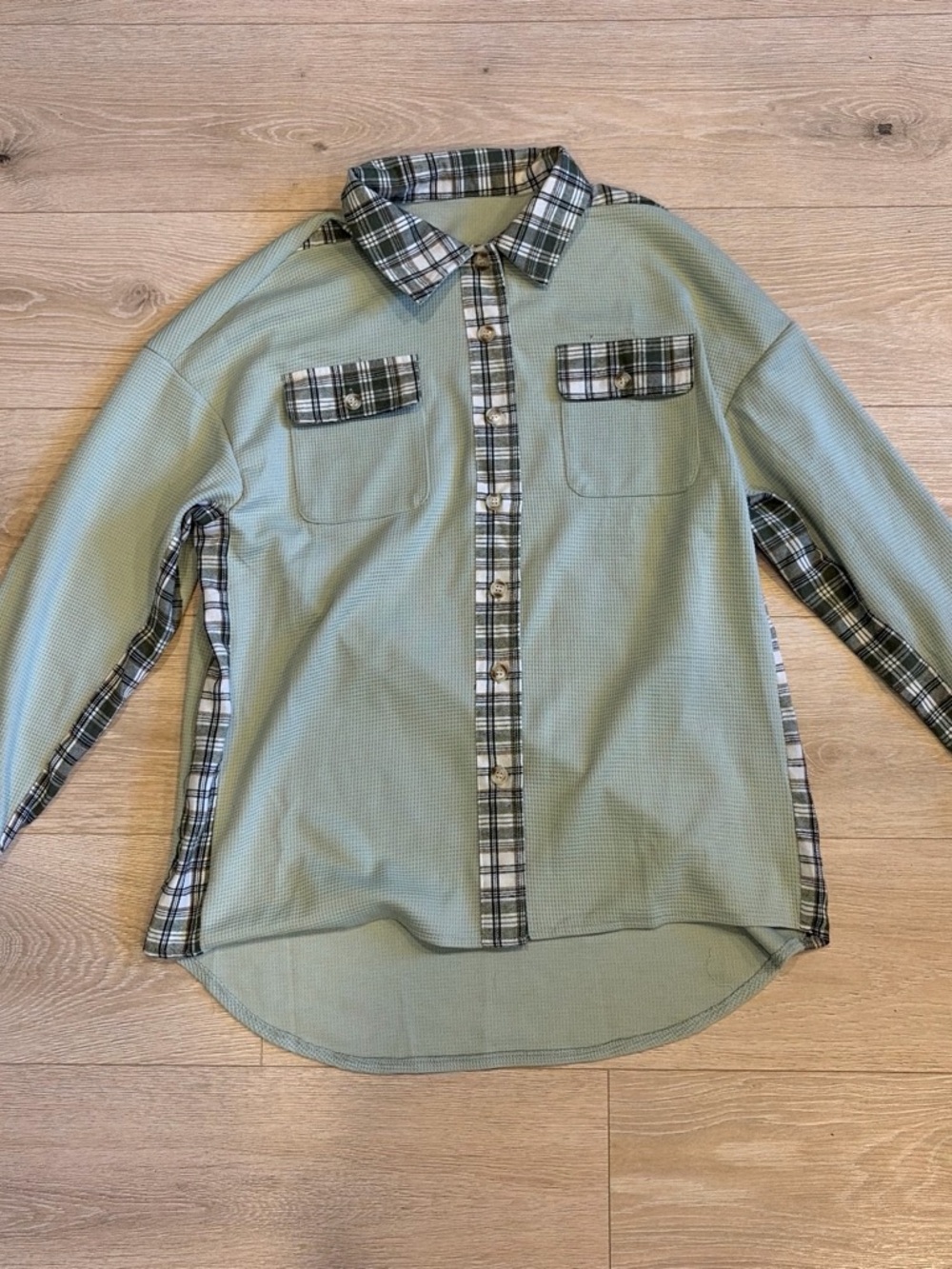 Plaid Trim Button-Up Shacket in Sage Green